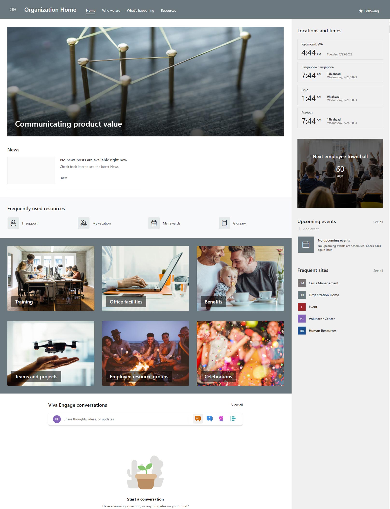 Blog nieuwigheden SharePoint online - Voorbeeld SharePoint Home Organisatie | Hello.be