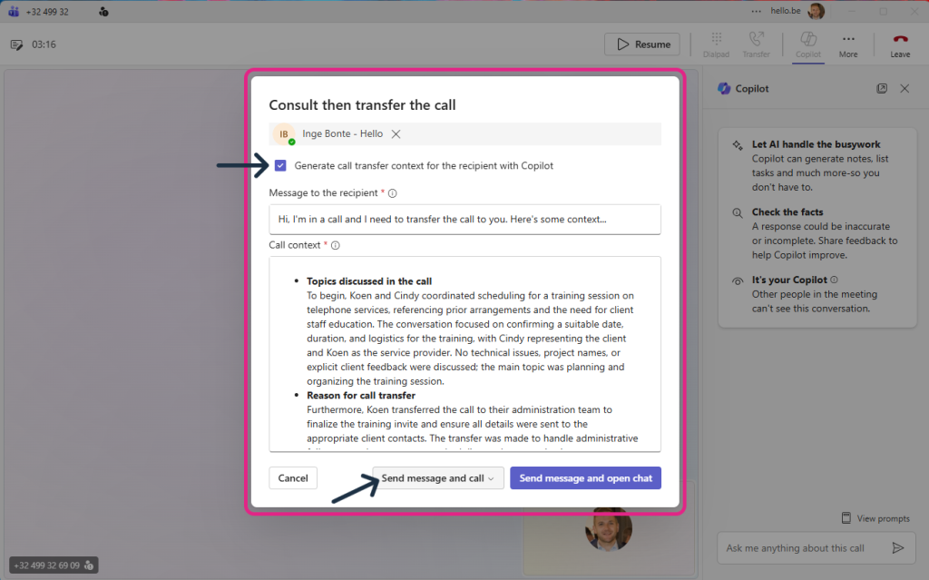 Ruggespraak Teams telefoongesprek met realtime samenvatting door Copilot | Hello.be
