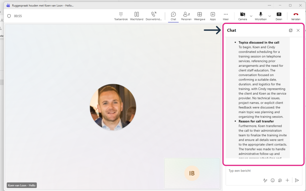 Realtime samenvatting Teams telefoongesprek in chat door Copilot | Hello.be